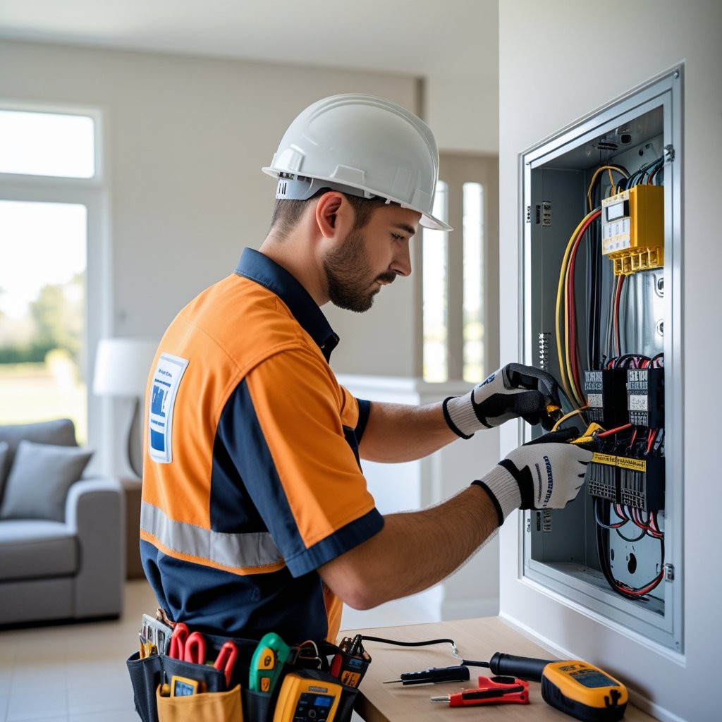 Eletricista residencial trabalhando em uma caixa de distribuição elétrica dentro de uma casa moderna.