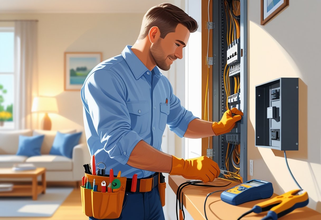 Eletricista residencial trabalhando sozinho em uma casa moderna, instalando fiação elétrica perto de um painel de disjuntores.