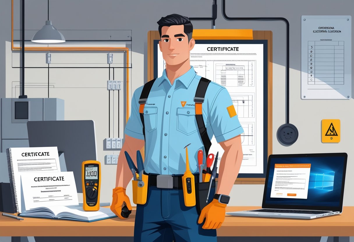 Eletricista residencial autônomo com uniforme e ferramentas, em frente a uma casa moderna, com certificados, livros e laptop mostrando curso online em uma mesa próxima.