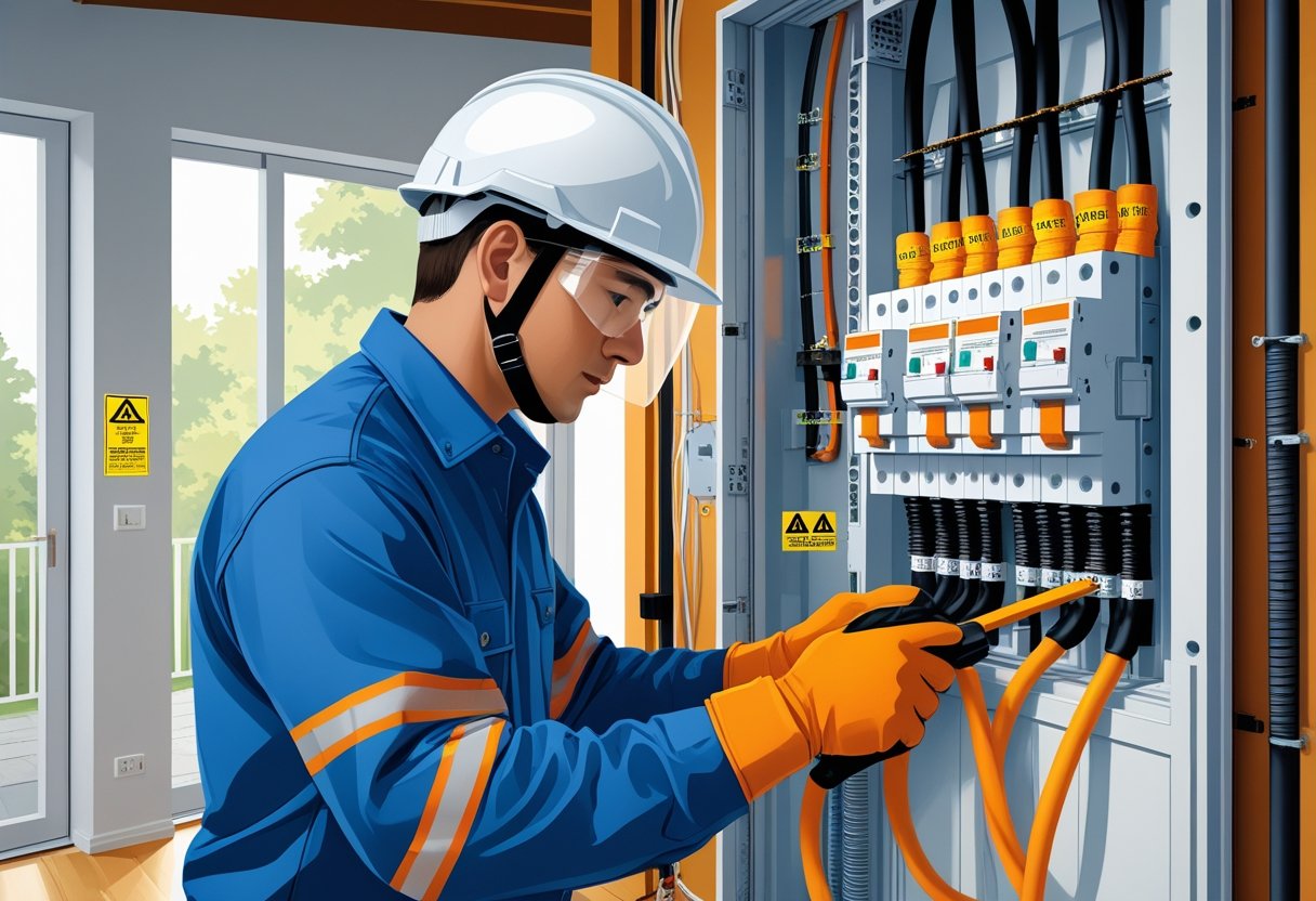 Eletricista residencial que fez curso de NR10 usando equipamento de proteção enquanto trabalha em um quadro elétrico dentro de uma casa.