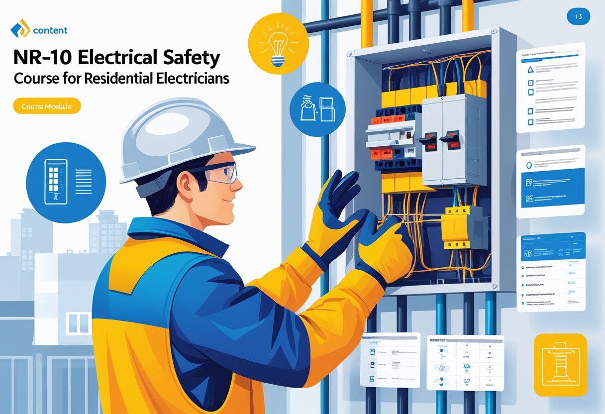 Eletricista residencial que fez o curso de NR10 usando equipamentos de segurança trabalhando em um painel elétrico com ícones representando módulos e protocolos de segurança ao redor.