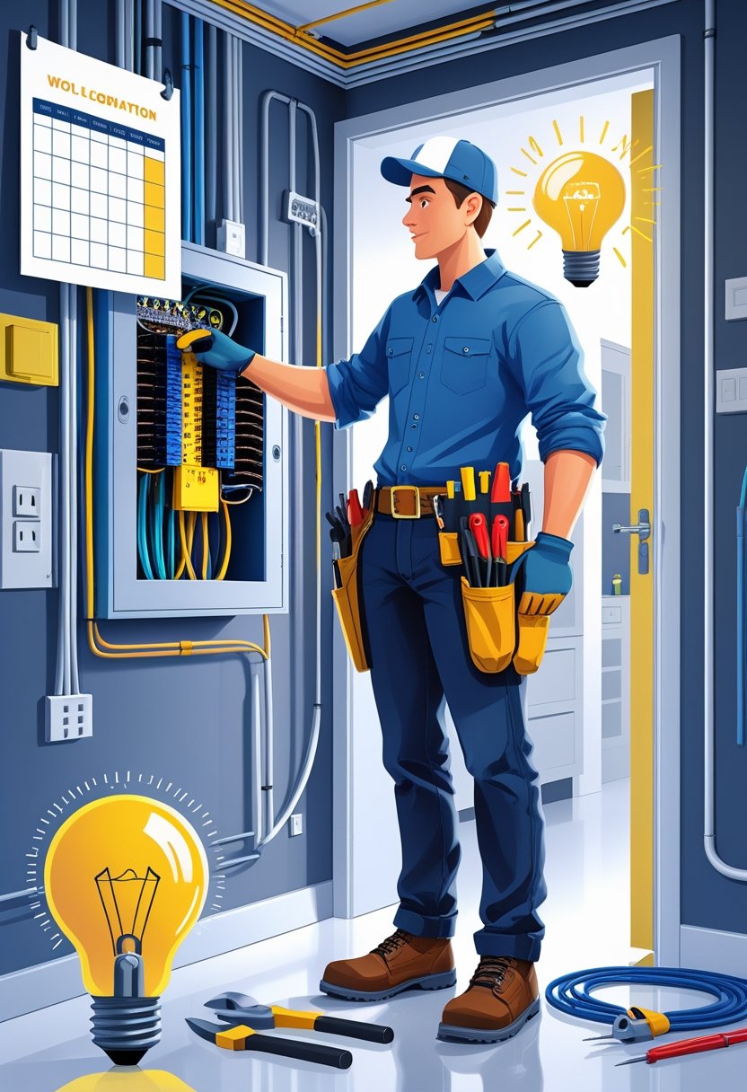 Pessoa jovem com ferramentas elétricas trabalhando em um painel elétrica residencial dentro de uma casa moderna, com elementos de fiação e iluminação ao redor.